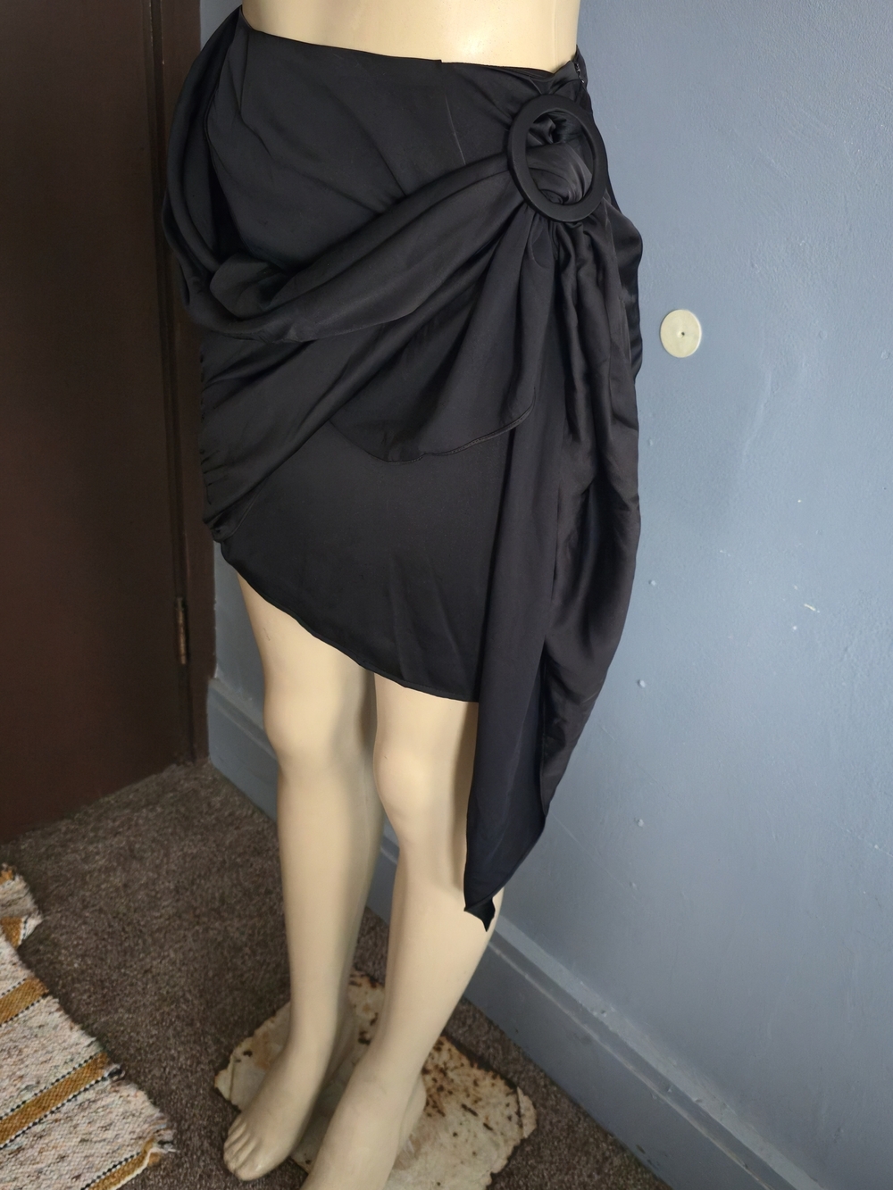 Wayf Black Asymmetrical Draped Ring-Detail Skirt